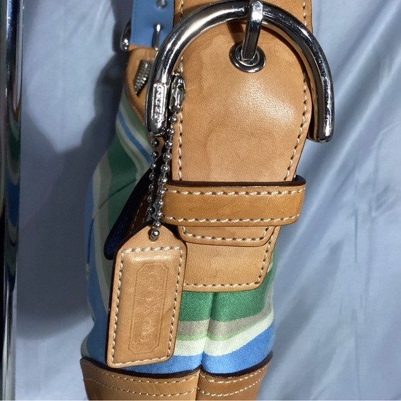 SOLD……COACH Blue Green Striped w/ Tan Leather Shoulder Bag L2J-9514 EUC - Picture 4 of 10